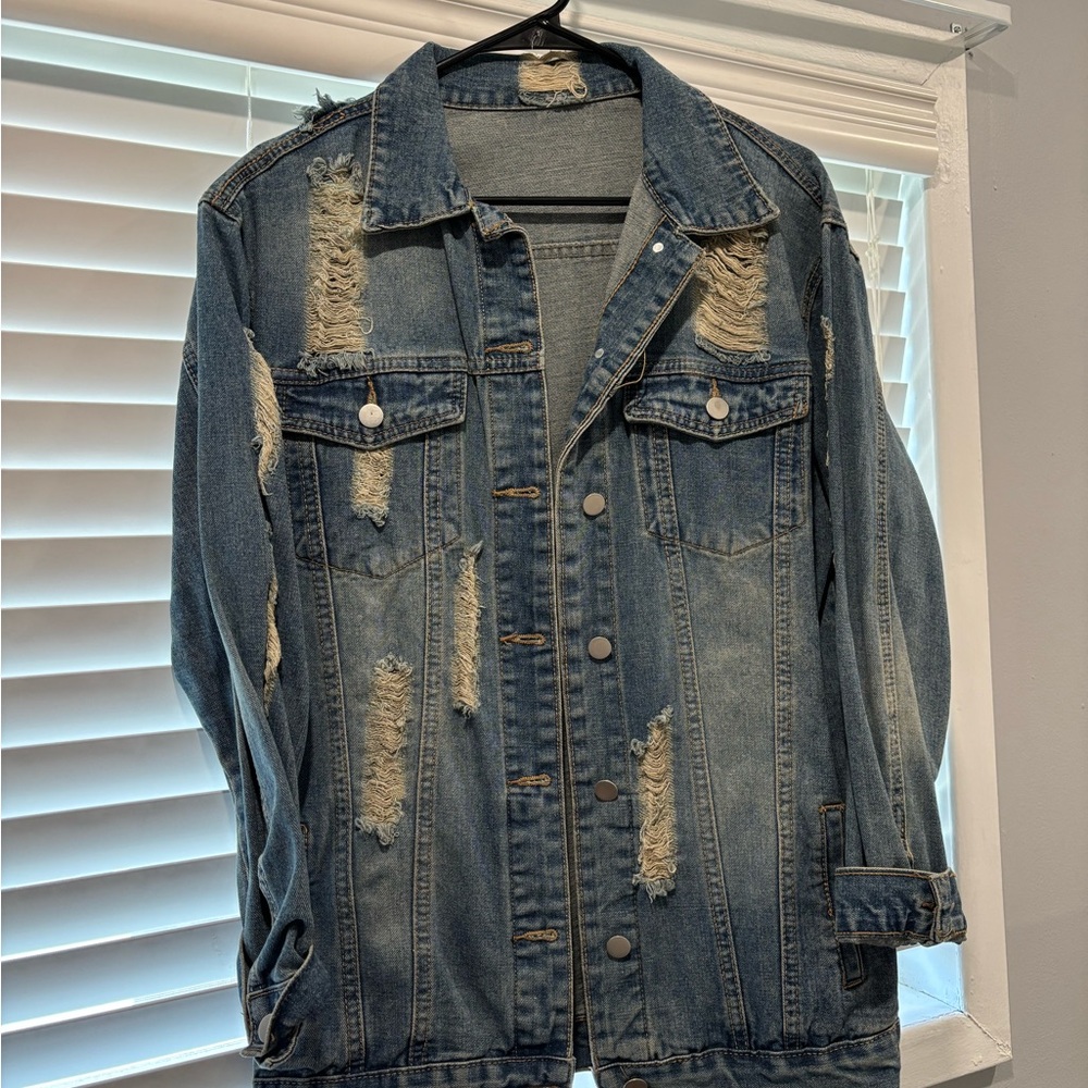 Distressed Long Denim Jacket - image 1
